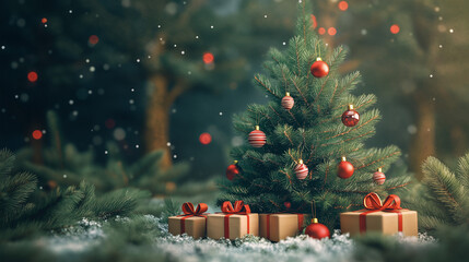 3d wild green Christmas tree with wooden ornaments like red presents