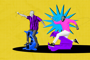 Creative photo collage elder man pensioner supplies tool office achieve goal aim target runner persistence leadership drawing background