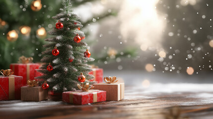 3d wild green Christmas tree with wooden ornaments like red presents