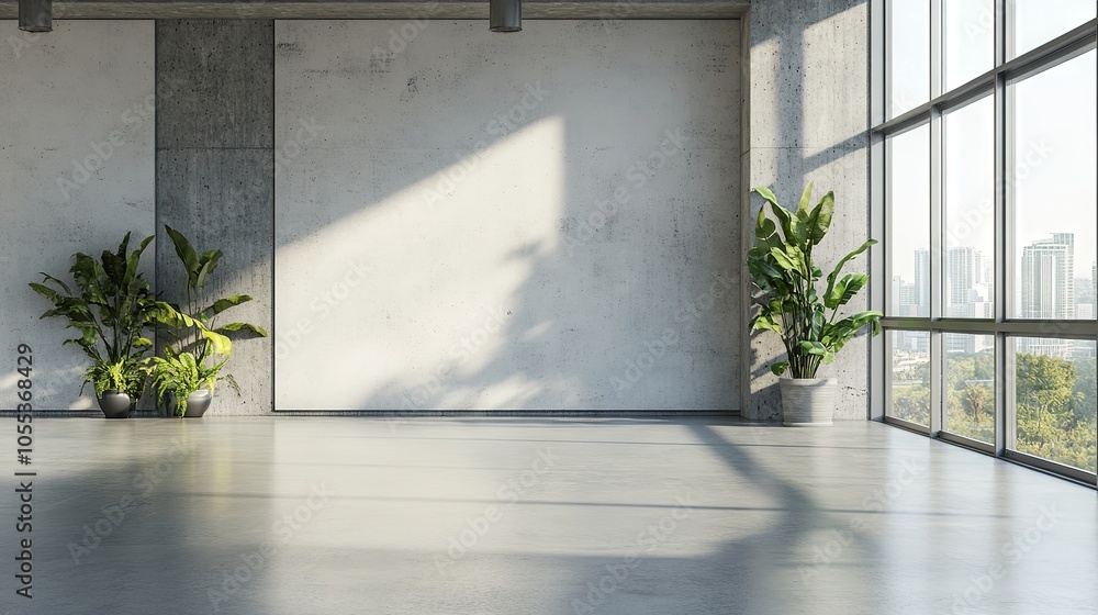 Poster blank wall in bright concrete office with large windows 3d mockup rendering for design presentation
