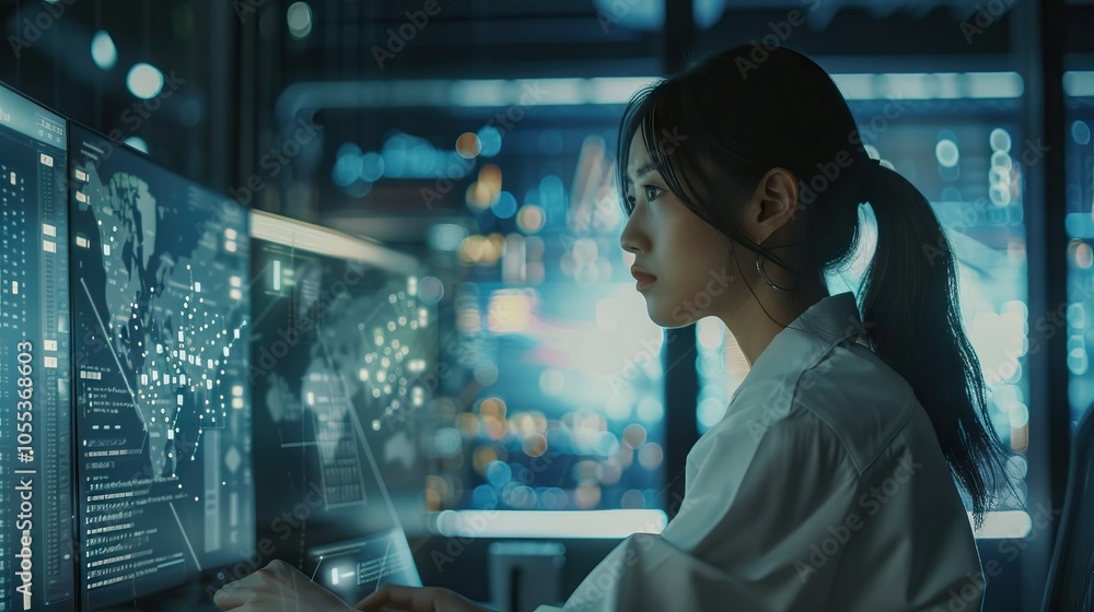 Poster asian woman coding with binary code for cybersecurity and ai.