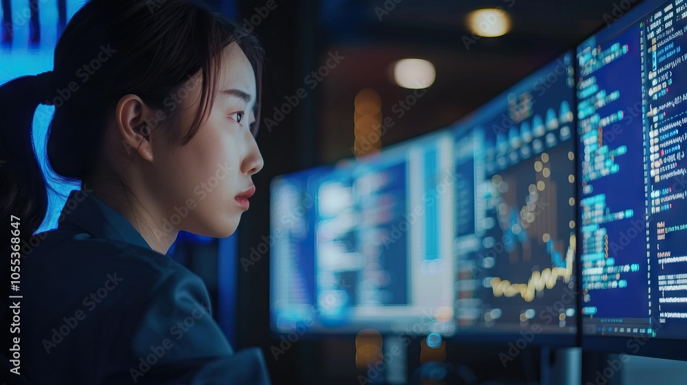 Poster asian woman coding with binary code for cybersecurity and ai.