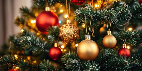 A beautifully decorated Christmas tree adorned with glittering baubles, sparkling lights, and festive ornaments, traditional, cheerful