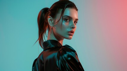 attractive non binary model in elegant attire with ponytail posing with arms behind back  fashion