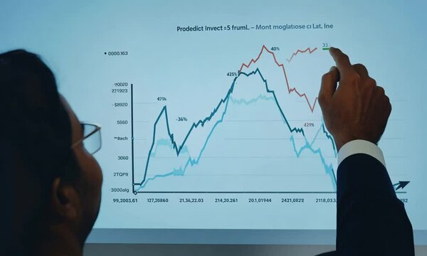 Man looking at financial chart with percentage growth and decrease.