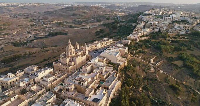Bird Eye View of Zebbug Parish Church and Scenic Historic Streets on Gozo Island Showcasing Malta Rich Architectural Heritage. High quality 4k footage