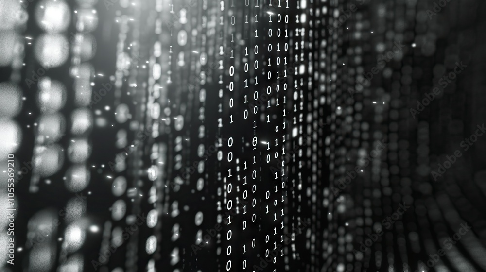 Poster binary code displayed on digital screen with matrix background