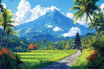 Fototapeta premium A breathtaking view of a volcano towering over lush rice terraces, surrounded by palm trees and traditional architecture, all under a bright blue sky filled with fluffy white clouds