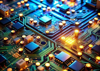Aerial View of a Complex Computer Circuit Board with Intricate Pathways and Components for High-Tech Innovation