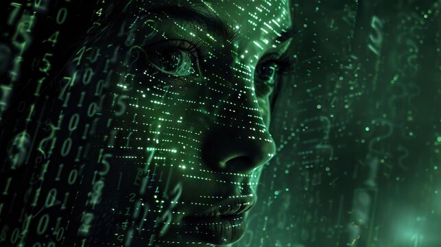 Digital AI Art  Female face with matrix numbers  dark background.