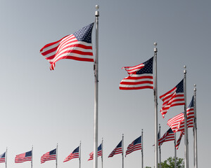 US flags at Washington Monument in Washington, D.C., USA. US American flags with stars and stripes.