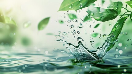 Water Droplets Splashing in a Lake with Green Leaves