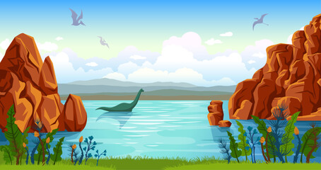 Prehistoric landscape with silhouette of dinosaurs, mountains, blue lake and ancient plants. Vector illustration.