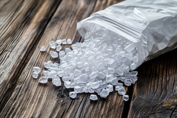 Silica Gel Desiccant in White Paper Bag on Wooden Background. Closeup of Dry Crystal Balls