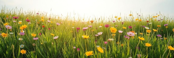 Abstract background with colorful spring flowers amongst lush green grass under a bright sunlit sky, background, peaceful, abstract