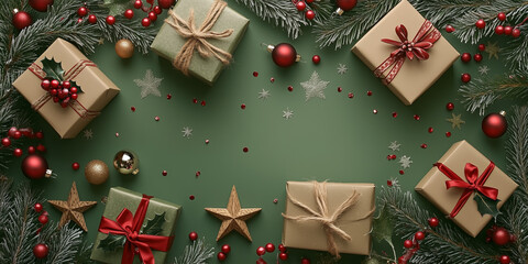 Gift-wrapped green presents with red bows surrounded by pine branches and ornaments on a green background, embodying the warmth and joy of Christmas traditions.