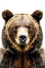 A close-up shot of a brown bear's face, with a curious expression