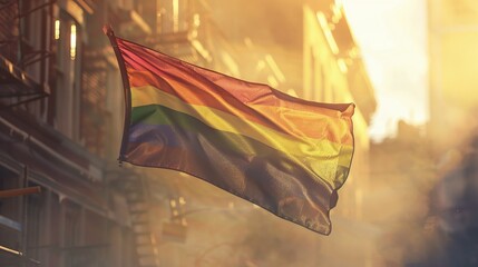 Shot of a non binary pride flag blowing in the wind at street