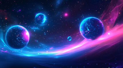 Fototapeta premium A surreal cosmic tableau features orbs floating above a vivid energy wave that cuts through the vastness of space, delivering a mesmerizing scene.