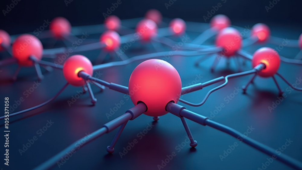 Poster red robotic microbots with white glowing eyes and antenna on a grid.