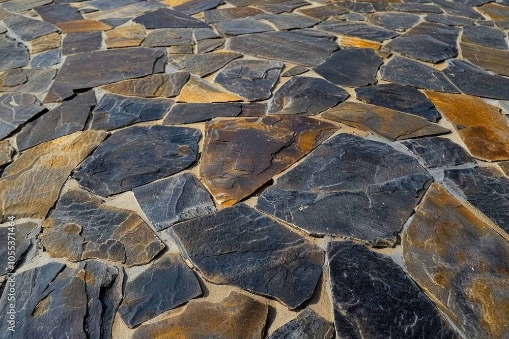 Poster a close-up view of a stone floor with a bench in the background