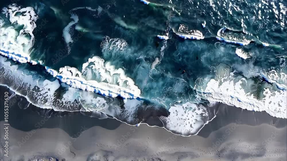 Poster aerial view of ocean waves meeting the shoreline, showcasing dynamic patterns and textures in the wa