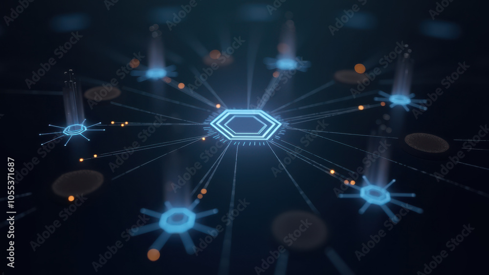 Poster advanced technological network with glowing hexagon and lines.