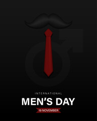 Happy International men's day, flat vertical template design with mustache and tie vector illustration.