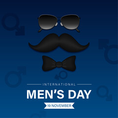 International men's day, flat template design with mustache، sunglasses and bow vector illustration.