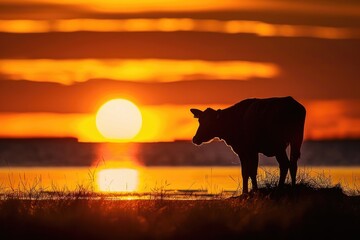 A cow peacefully grazes in a green meadow during a beautiful sunset