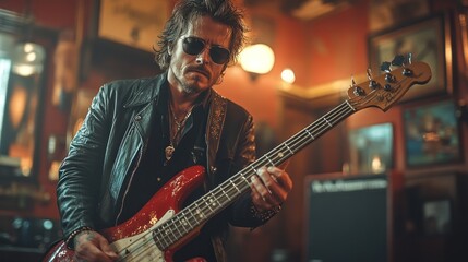 Naklejka premium A man in a black leather jacket and sunglasses plays a red electric bass guitar in a dimly lit bar.