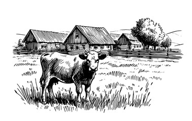 Detailed illustration of cow on farm with barns – black vector art