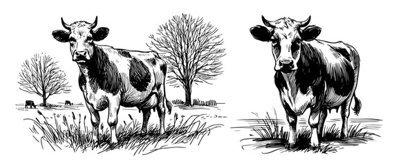 Farm animals and nature in rustic countryside – black vector drawing