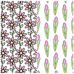 Blossom Daisies and tulips Seamless pattern in trendy soft soring shades. Spring background Set of 2