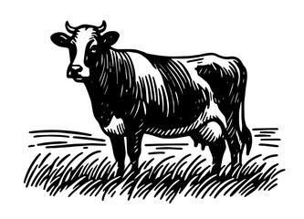 Farm animals and nature in rustic countryside – black vector drawing