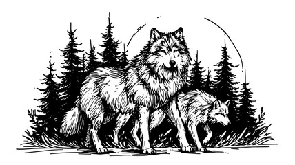 illustration of a wolf in forest landscape, detailed black vector