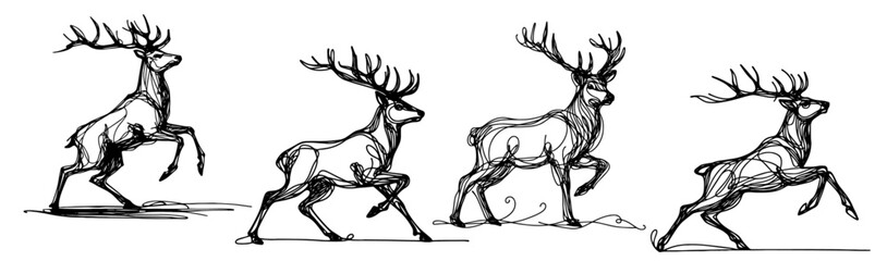 Dynamic running deer in motion – black vector illustration