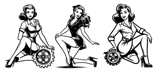 Classic pin-up automotive mechanics illustration – black vector