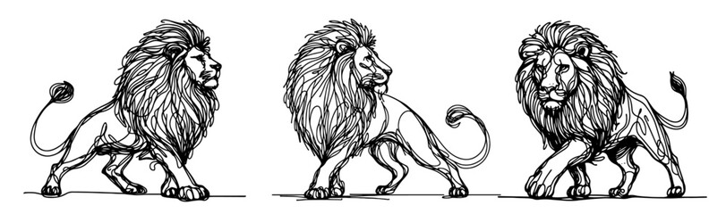 powerful lion silhouette in motion, emphasizing energy and majesty in expressive line art black vector