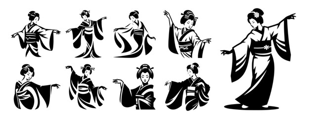 contemporary black shape logo showcasing a geisha, celebrating femininity and artistry in a modern context black vector