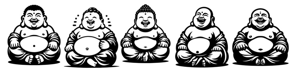 Set of smiling Buddha illustrations in classic style – sacred black vector