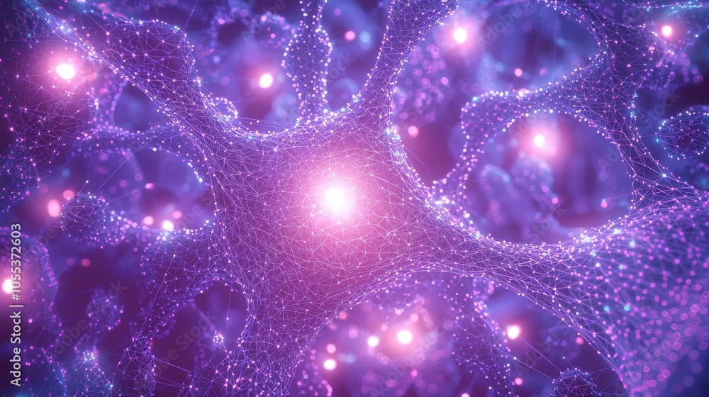 Poster neural network-inspired digital web of glowing purple nodes and connections, representing complex da