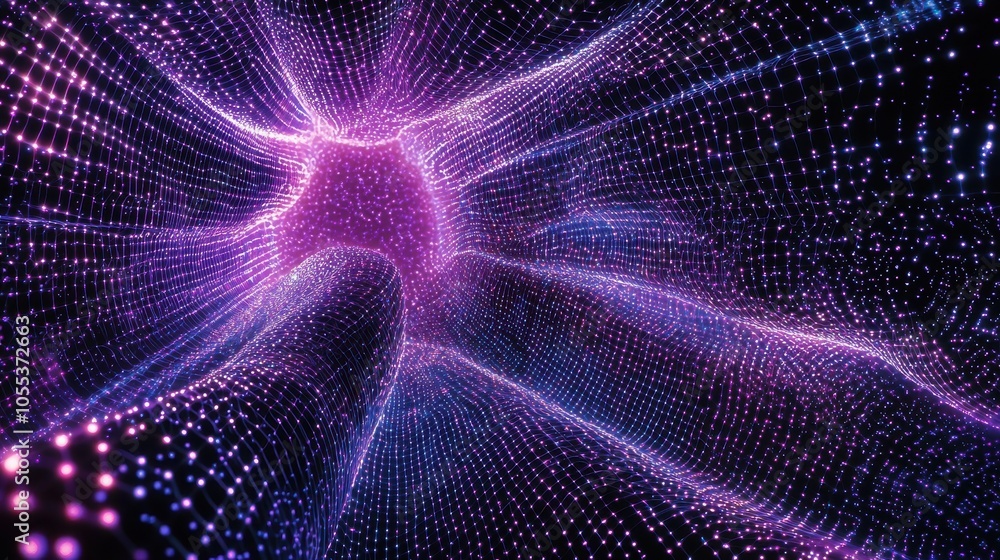 Poster neural network-inspired digital web of glowing purple nodes and connections, representing complex da