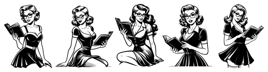 retro pin-up girl as a teacher with a book, seductive pose in black vector art