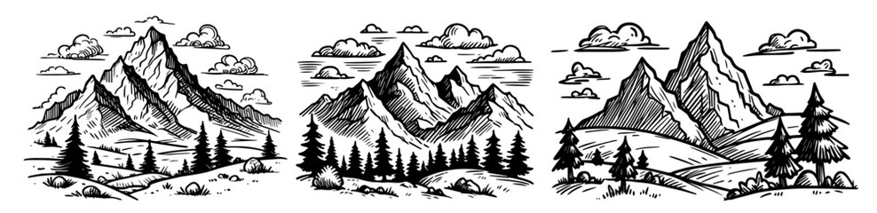 hand-drawn mountain scenes with forests and skies, detailed black vector set