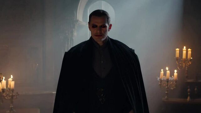 Male vampire in a black cloak with red eyes and lips
