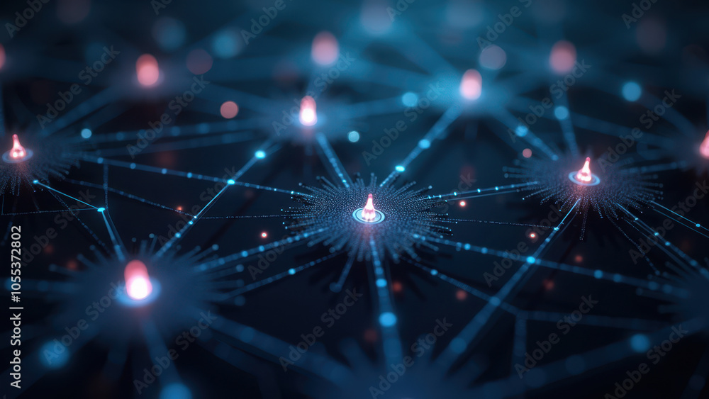 Poster neural network with glowing nodes.