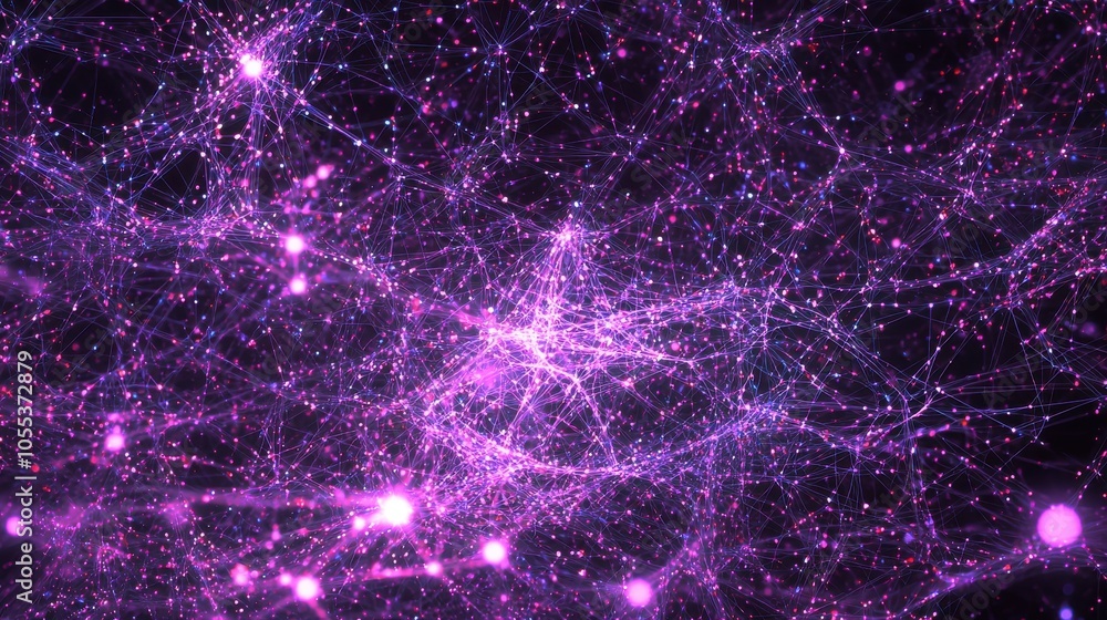 Poster neural network-inspired digital web of glowing purple nodes and connections, representing complex da