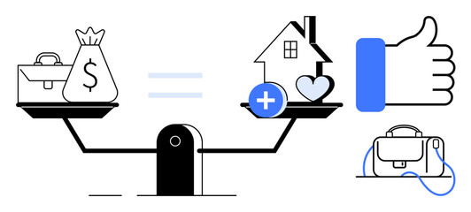 Briefcase and sack of money balanced with house and heart on scales symbolizing equity. Visible thumb up symbolizing approval and additional briefcase. Ideal for work-life balance, finance