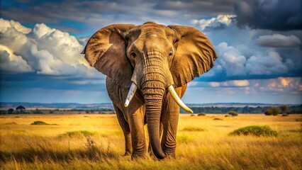 Fototapeta premium A majestic elephant bull with its tusks standing alone on the African plain, big cat species, wild animals, african wildlife, animal observation